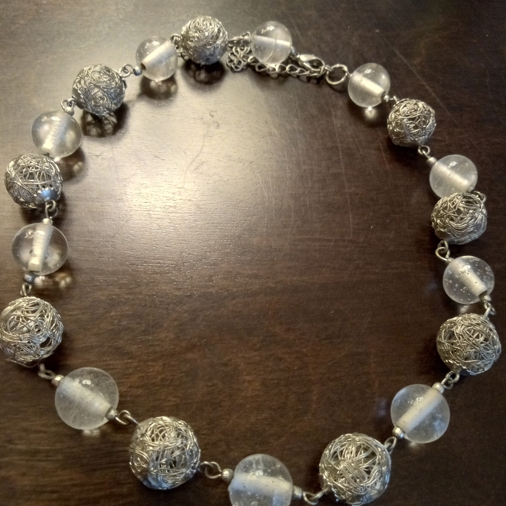Antique Necklace With Clear glass and Filagree Silver beads.